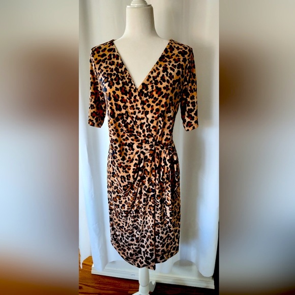 Motherhood Maternity Dresses & Skirts - Motherhood Maternity Black Tan Leopard Print Short Sleeve Faux Wrap Dress Medium